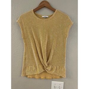RO&DE Mustard Yellow White Striped Front Knot Cap Sleeve Knit Top Womens Medium